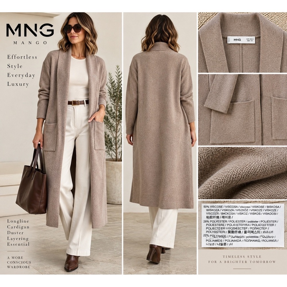 MNG Mango Women Taupe Longline Duster Open Front Knit Pockets Cardigan S